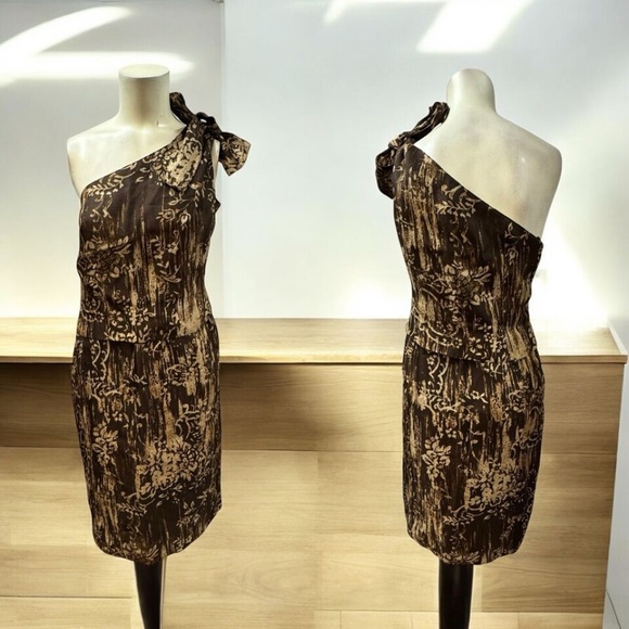 Oscar de la Renta Woman Dress Brown Sz 10 Silk Bare shoulder Italy Zip.!
